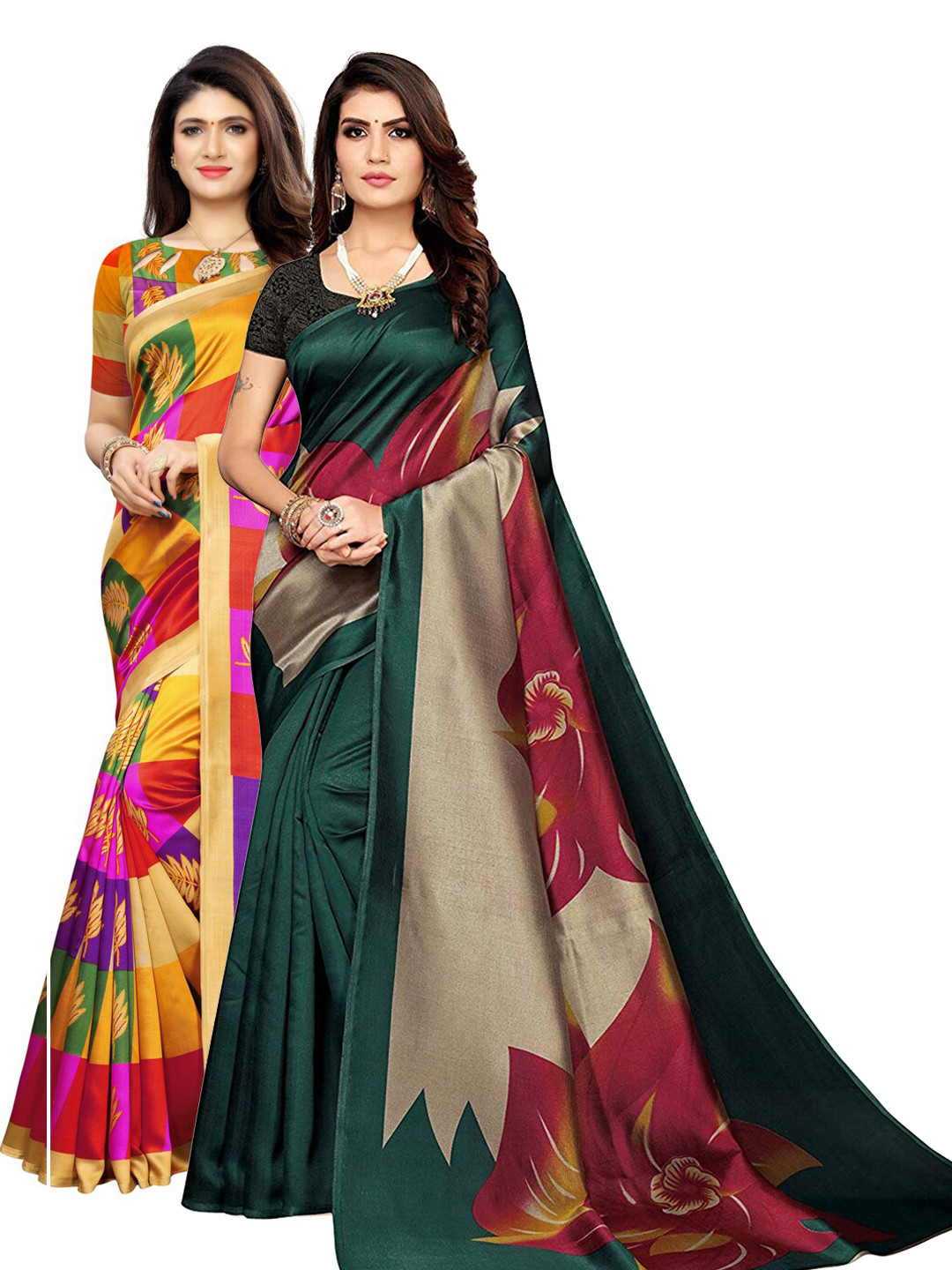 

KALINI Pack of 2 Mustard & Green Floral Poly Silk Saree