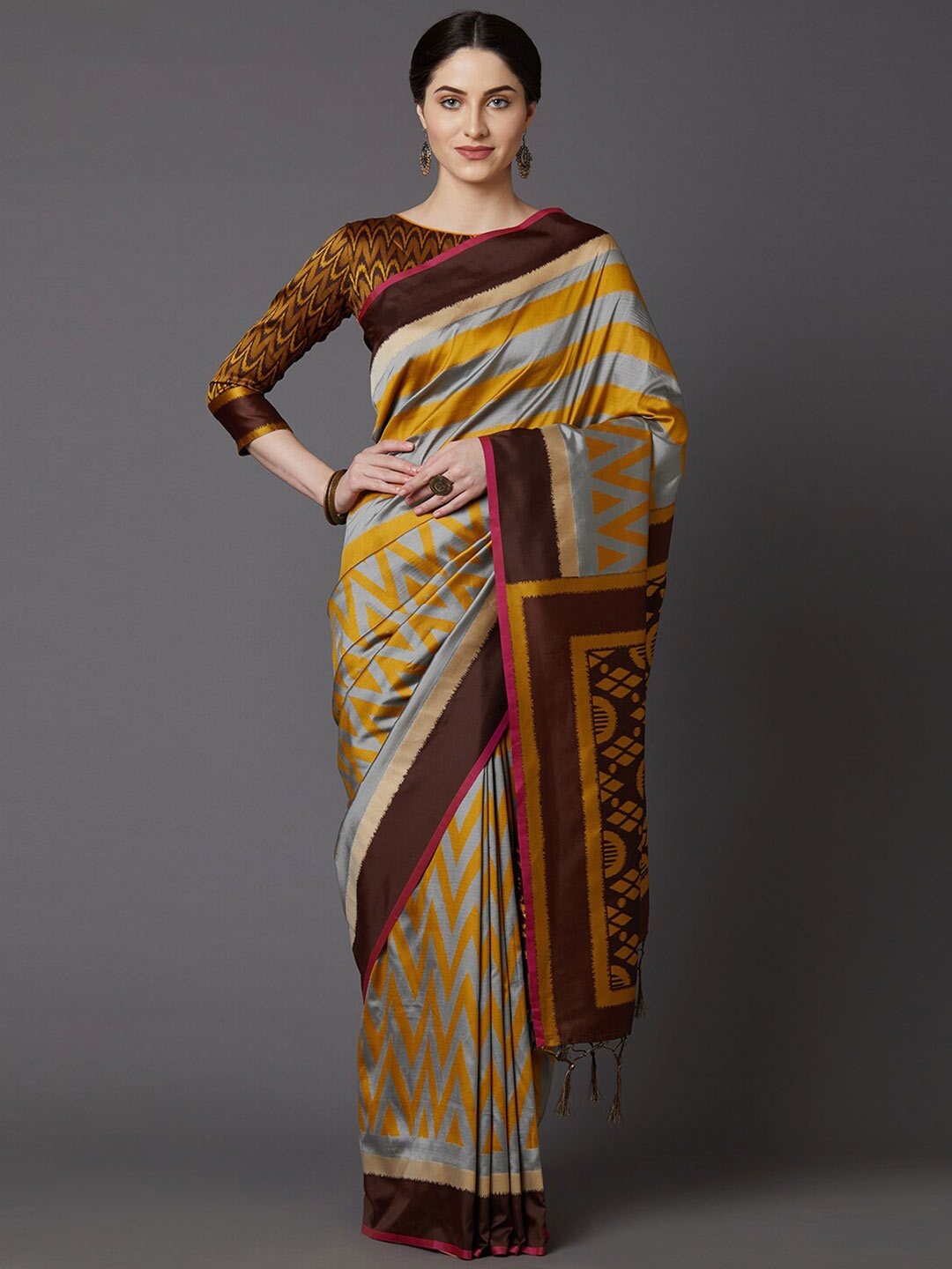 

Mitera Women Grey & Mustard Striped Silk Cotton Saree