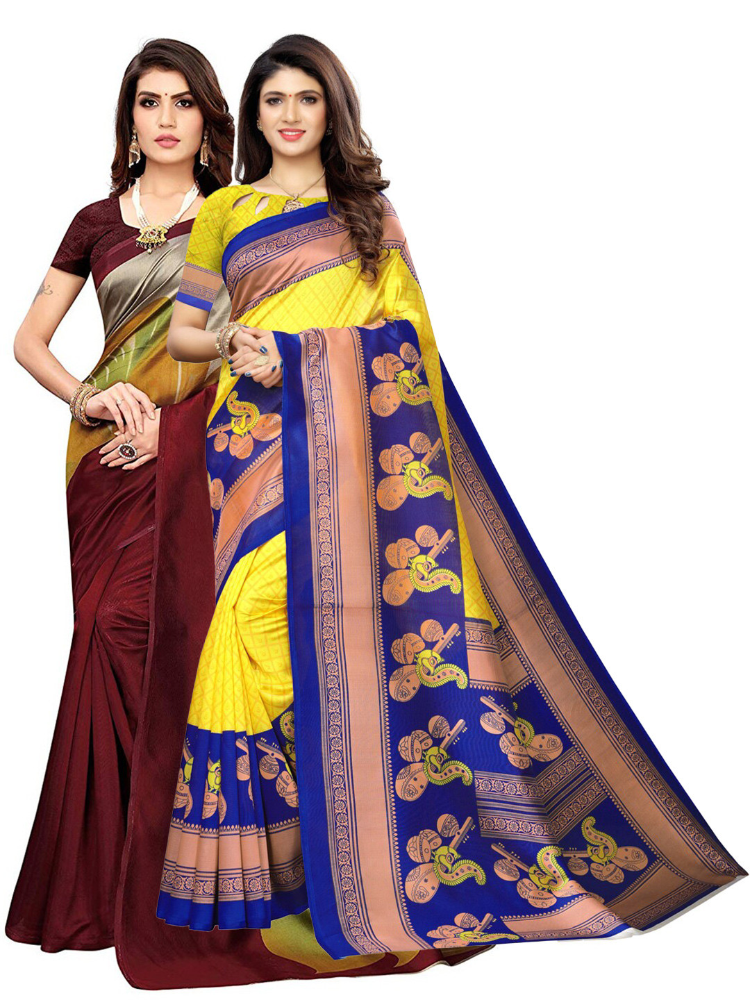 

KALINI Pack Of 2 Maroon & Yellow Floral Sarees