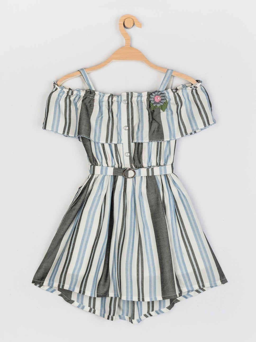 

Peppermint Girls Blue & White Cold-Shoulder Layered Striped A-Line Dress