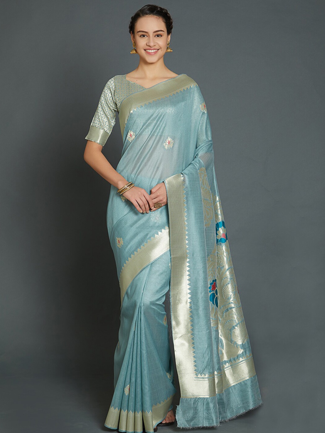 

Mitera Blue & Gold-Toned Floral Silk Blend Banarasi Saree
