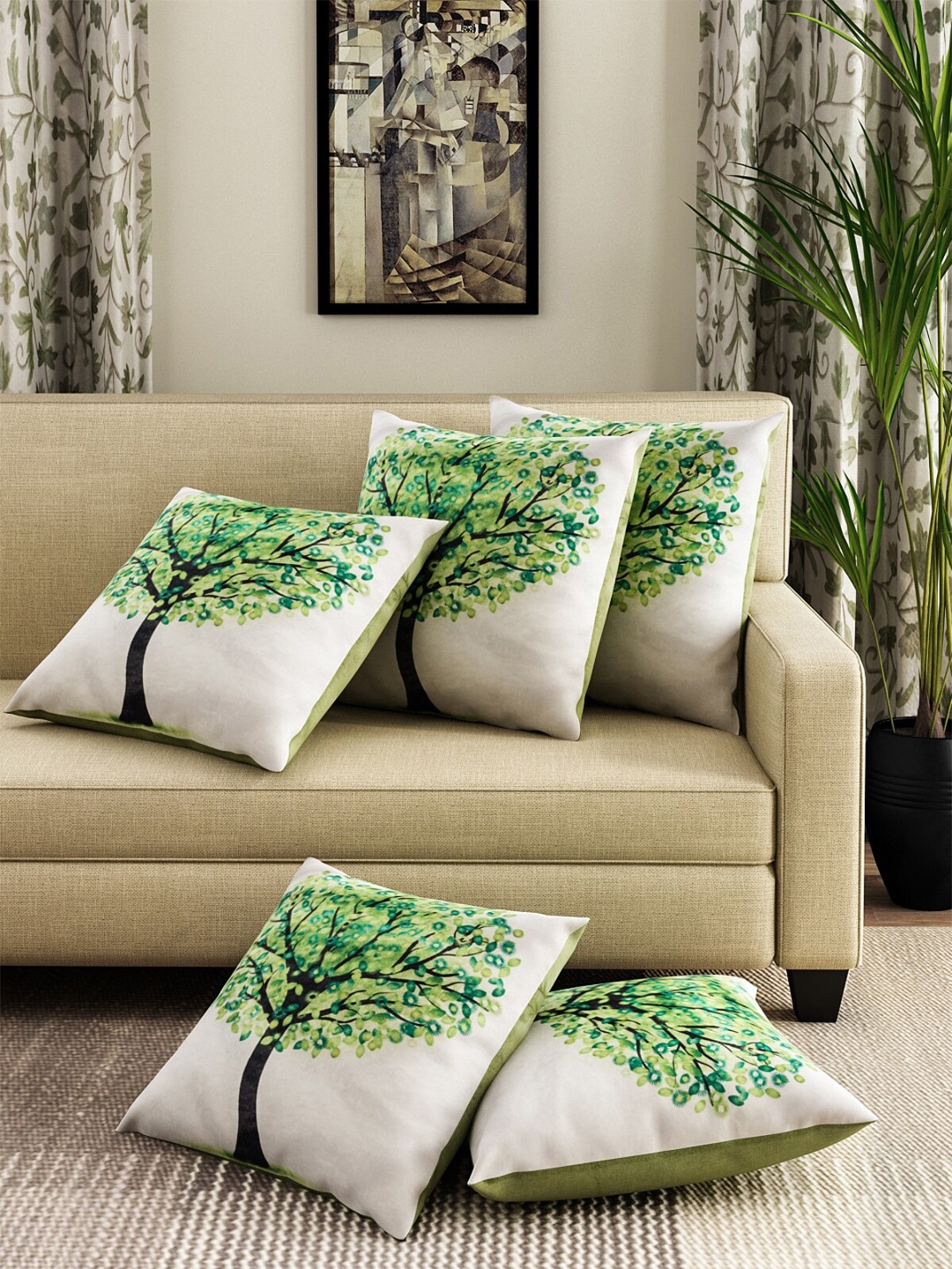 ROMEE Green & White Set of 5 Floral Velvet Square Cushion Covers