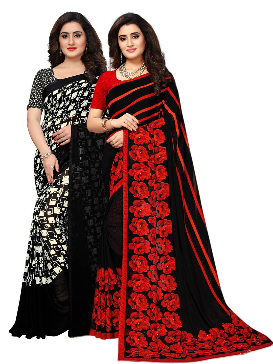 

KALINI Pack of 2 Pure Georgette Saree, Black