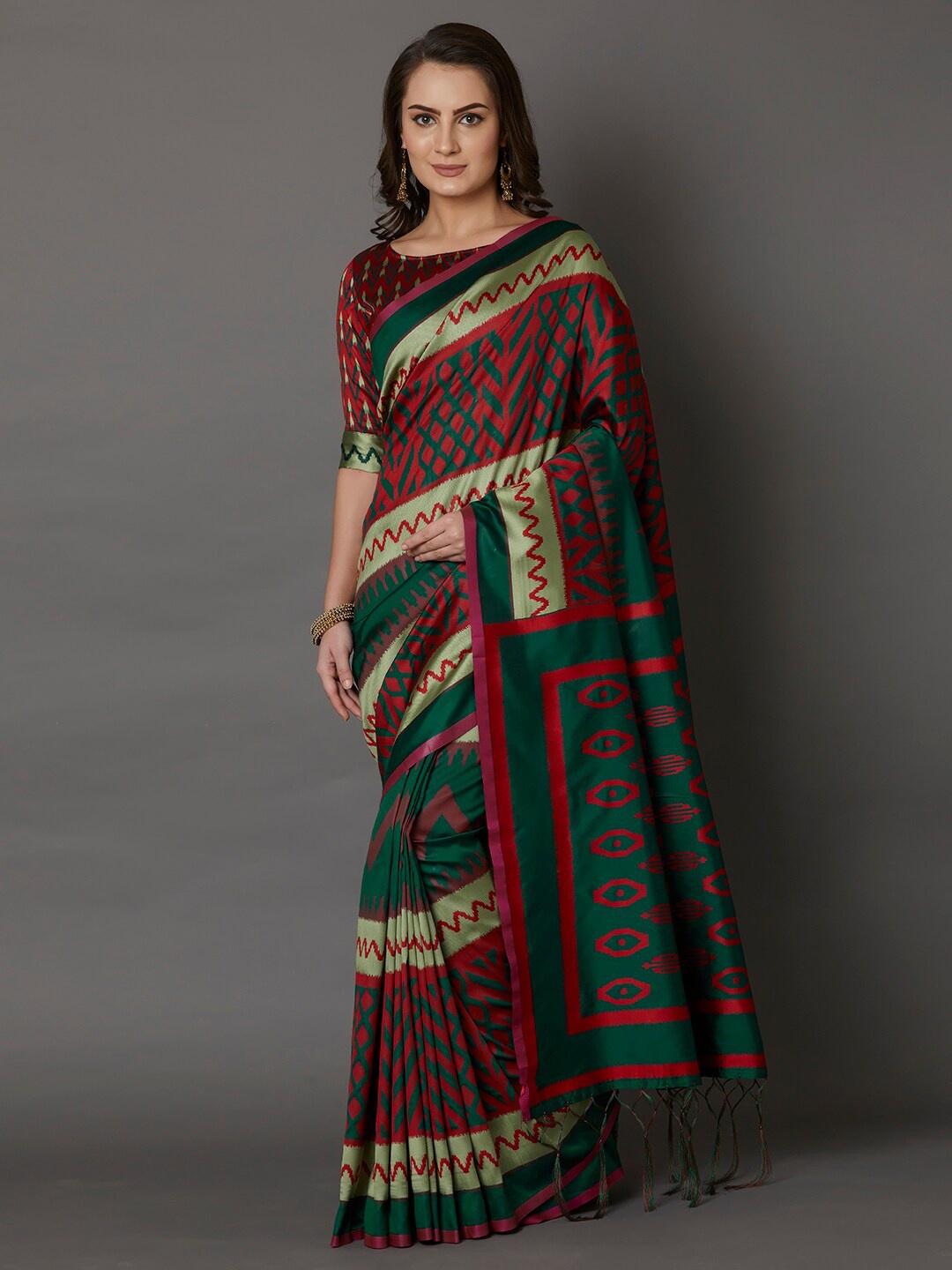

Mitera Green & Red Silk Blend Saree