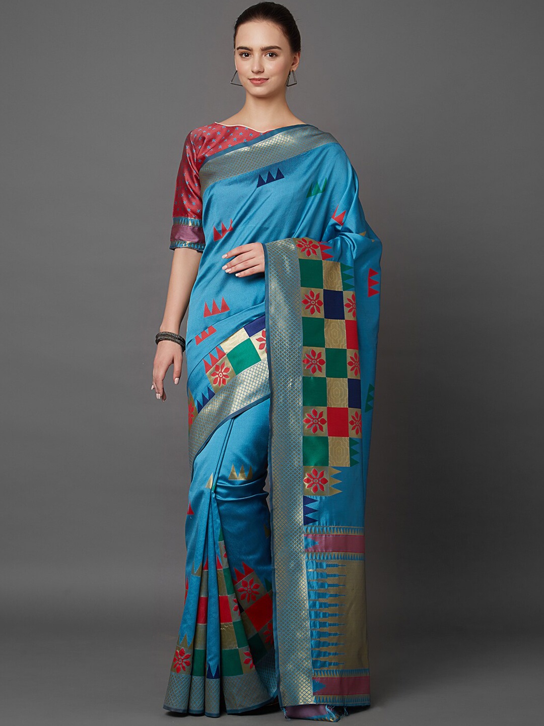 

Mitera Blue & Red Zari Silk Blend Banarasi Saree
