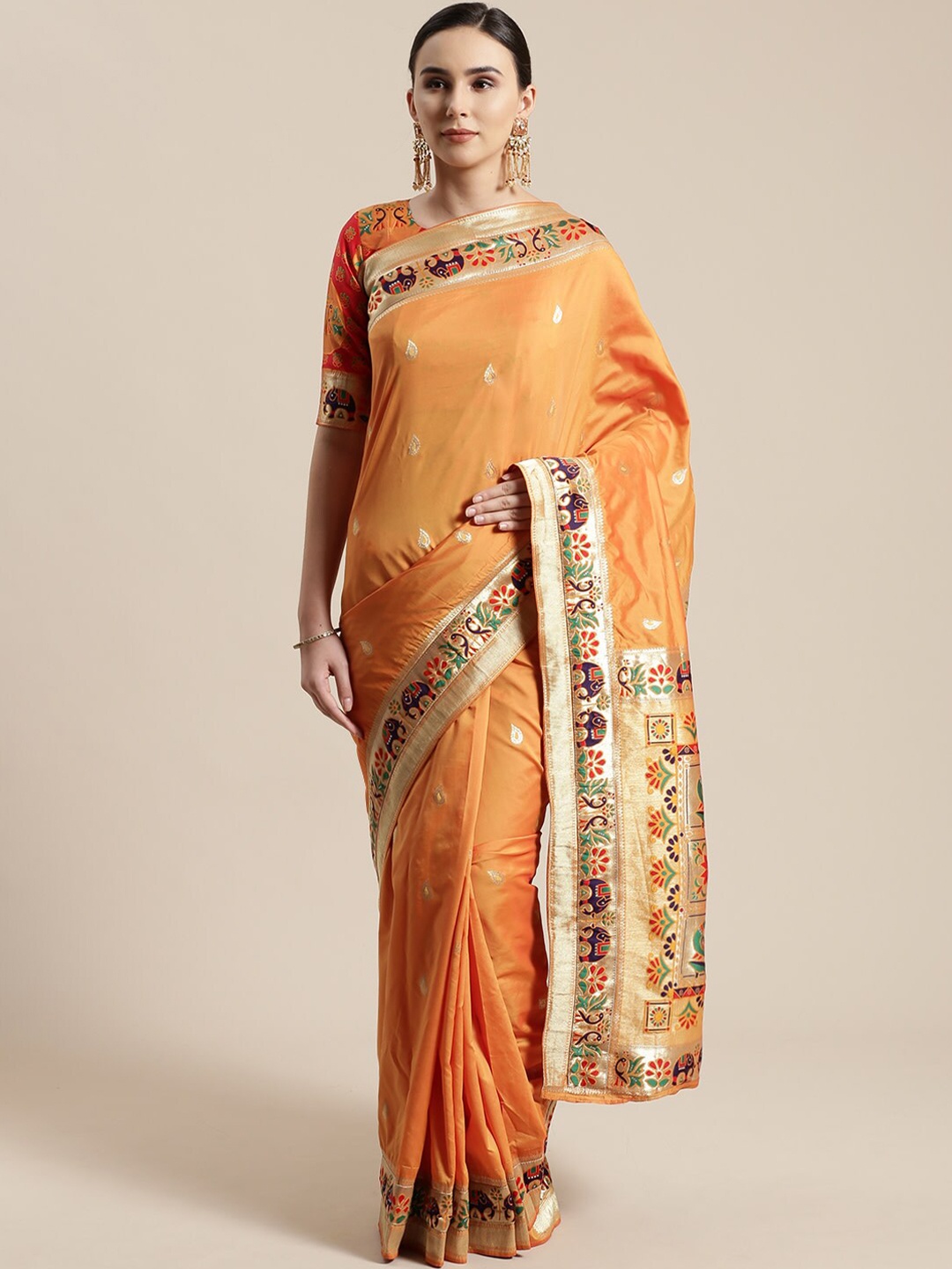 Saree mall Mustard & Orange Floral Silk Blend Sarees