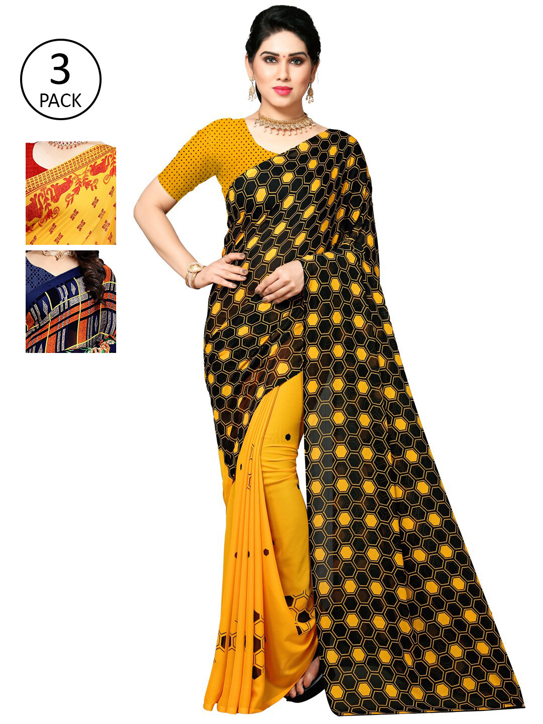 

KALINI Pack Of 3 Yellow & Navy Blue Saree