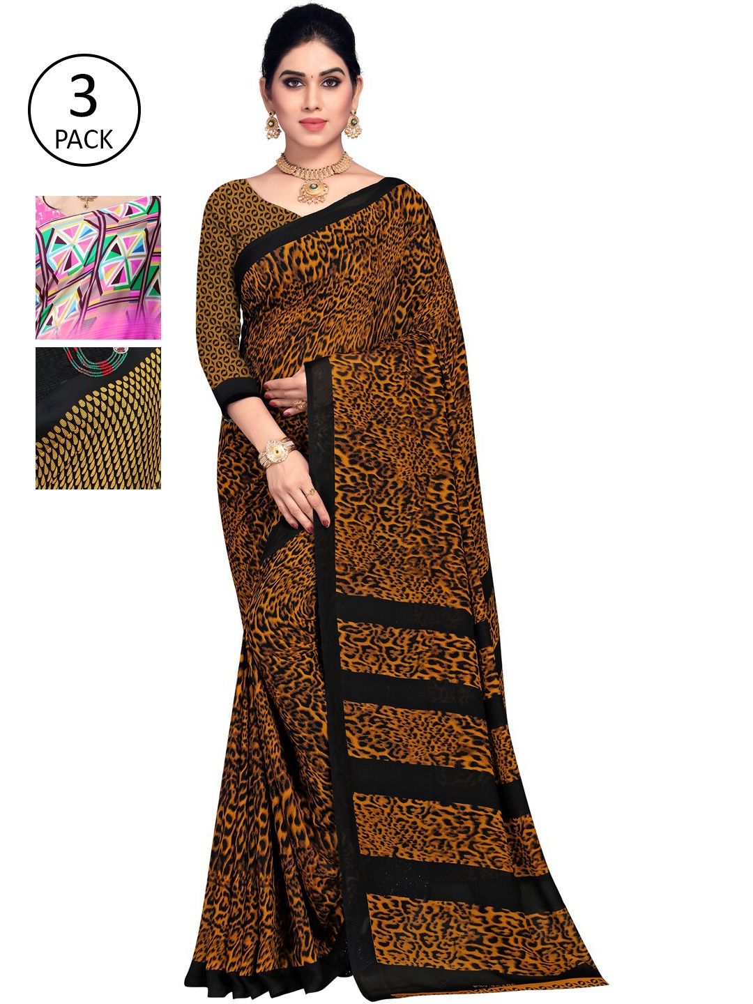 

KALINI Pack of 3 Printed Poly Georgette Saree, Pink