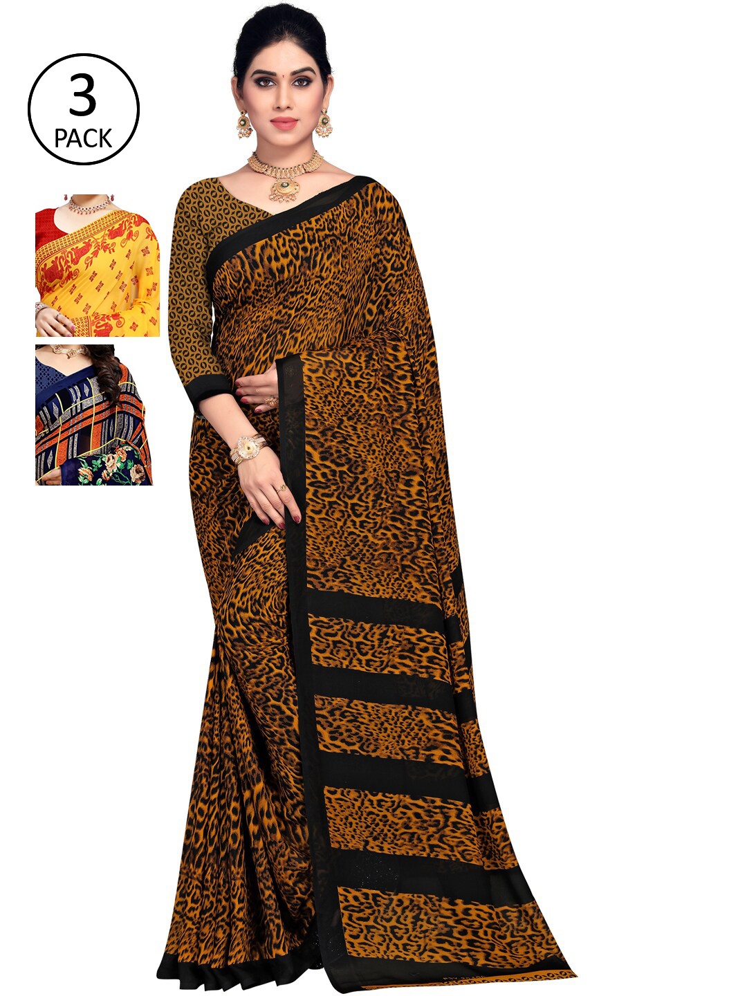 

KALINI Yellow & Navy Blue Pack of 3 Floral Saree