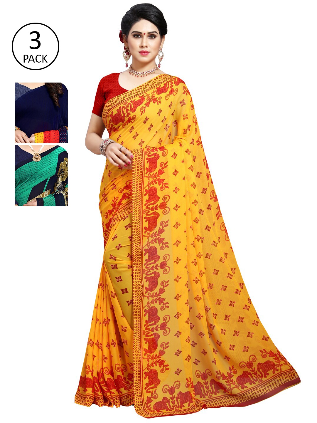 

KALINI Pack Of 3 Yellow & Red Saree