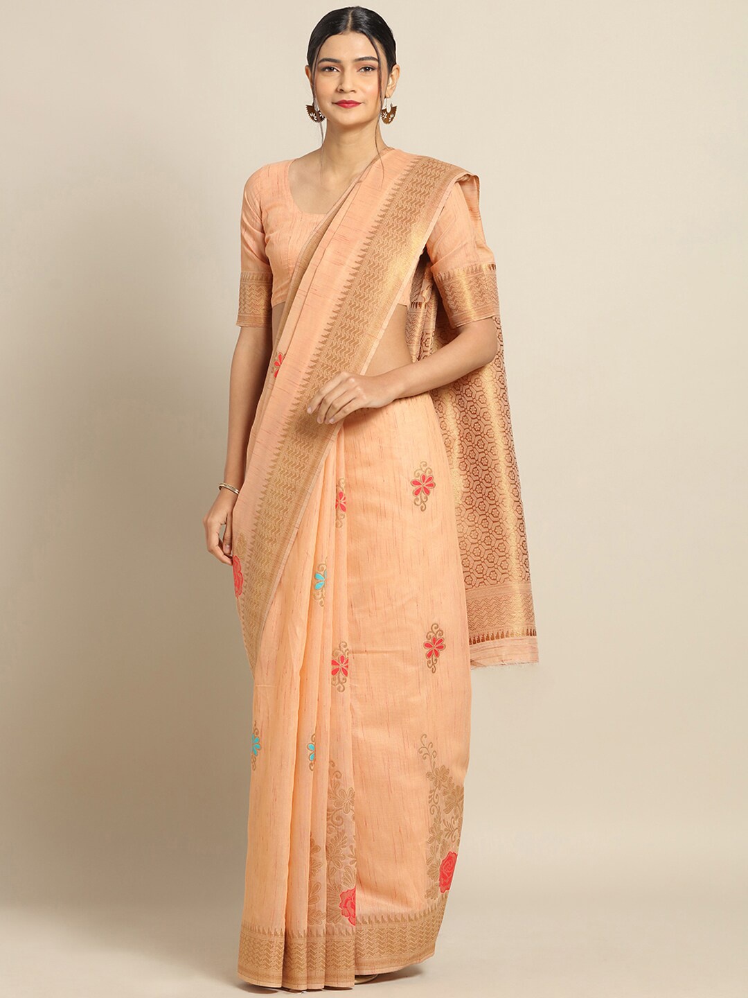 

Saree mall Peach Woven Design Linen Blend Sarees
