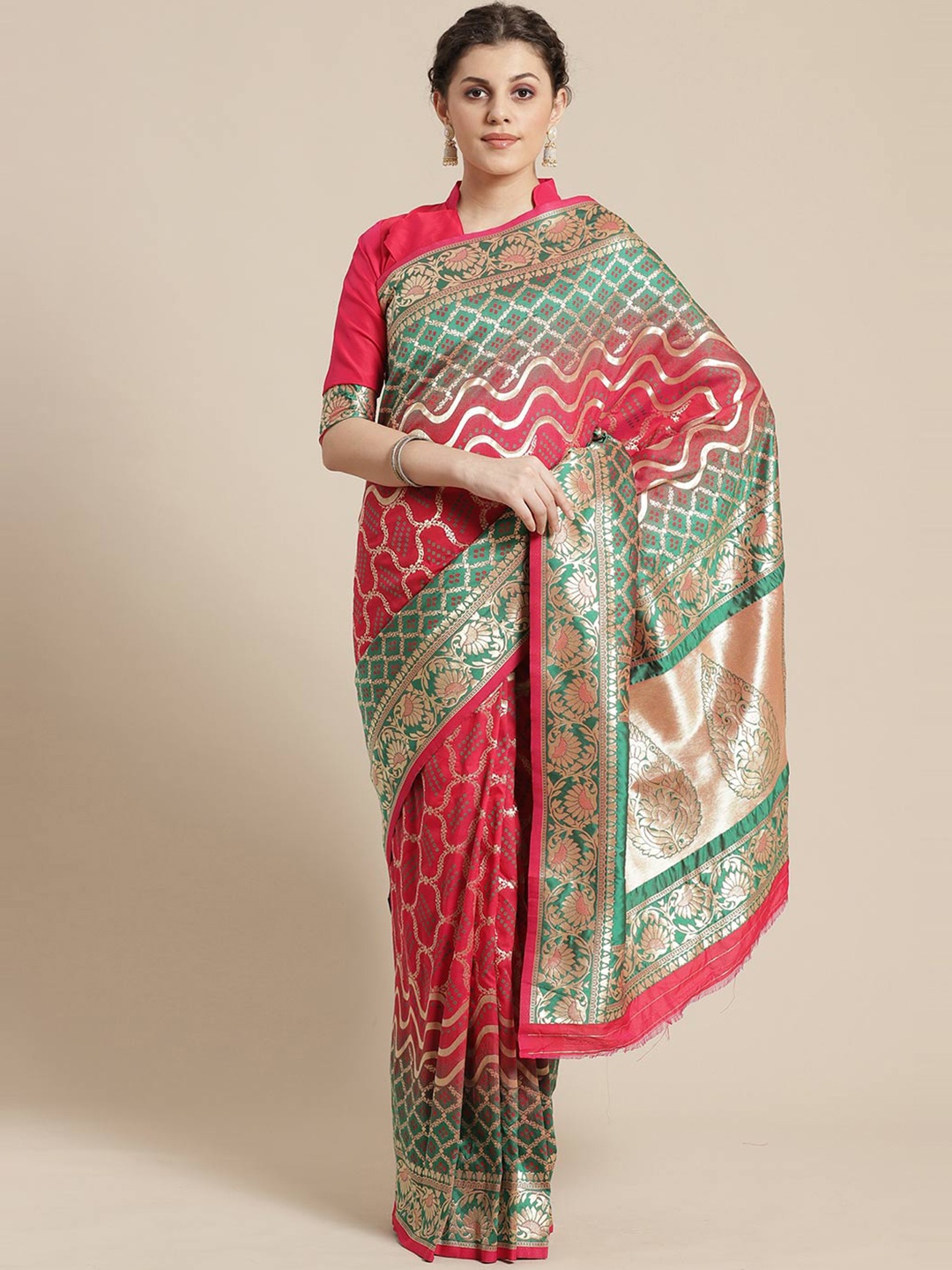 

Saree mall Pink & Green Woven Design Zari Silk Blend Sarees
