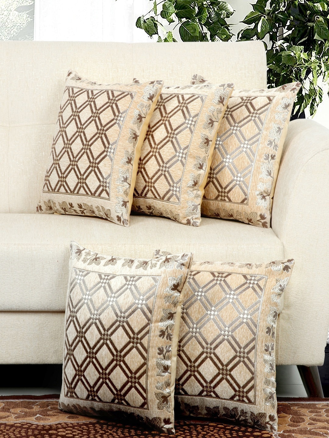 BELLA TRUE Cream & Grey Set of 5 Checked Square Cushion Covers
