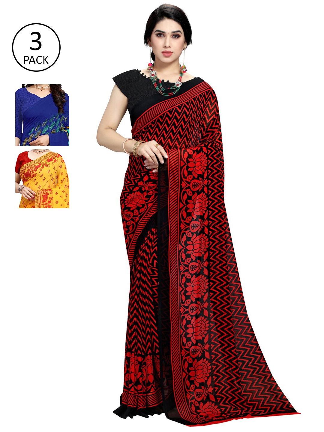 

KALINI Pack of 3 Poly Georgette Sarees, Red