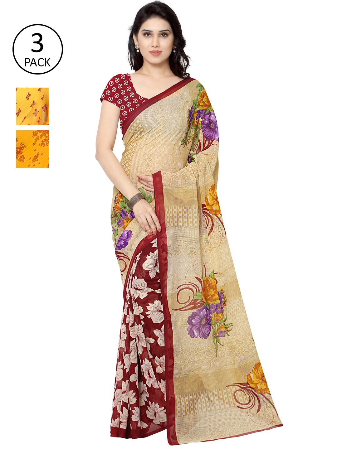 KALINI Yellow & Red Ethnic Motifs Pack of 3 Saree
