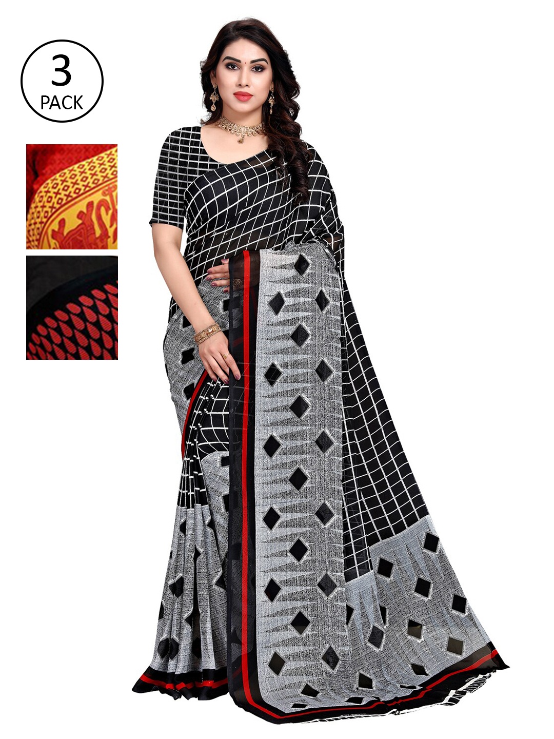 

ANAND SAREES Women Pack of 3 Multi coloured Saree, Red