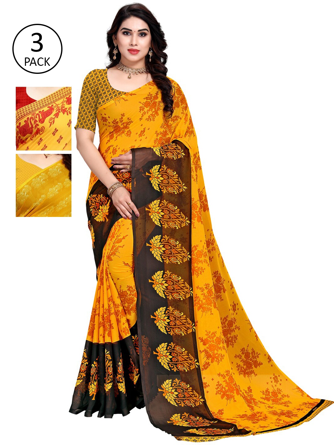 

KALINI Yellow & Blue Floral Pack of 3 Saree