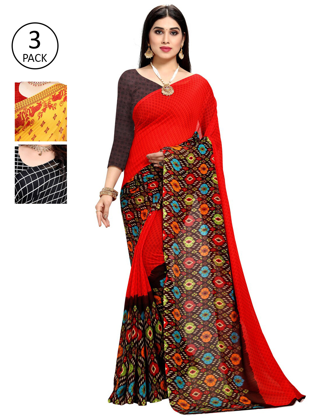 

KALINI Pack Of 3 Ethnic Motifs Sarees, Yellow