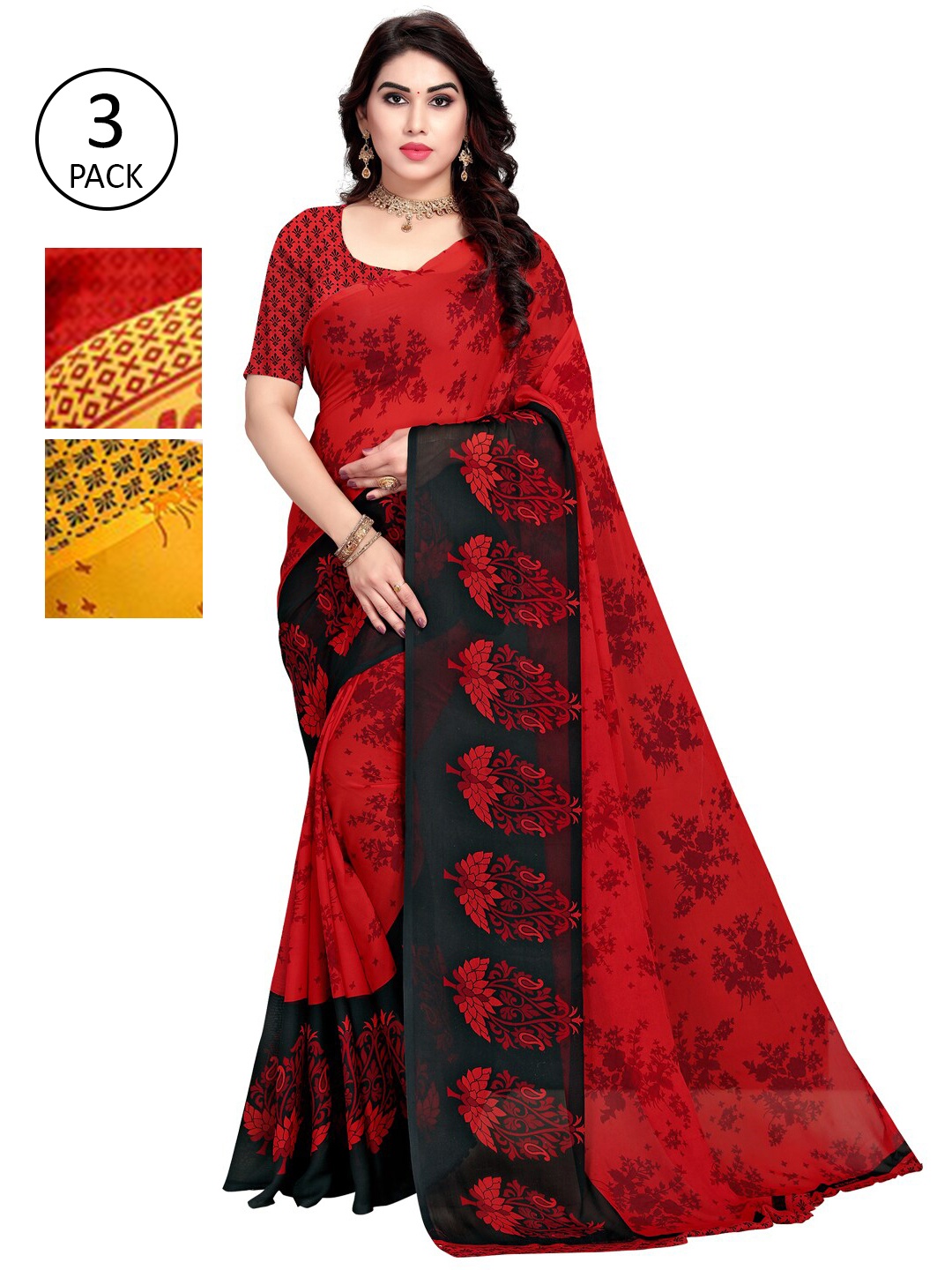 

KALINI Pack Of 3 Yellow & Red Saree