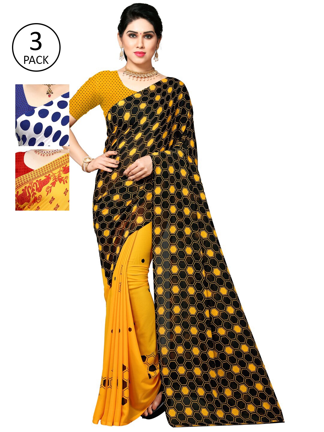 

KALINI Pack Of 3 Poly Georgette Printed Sarees, Yellow