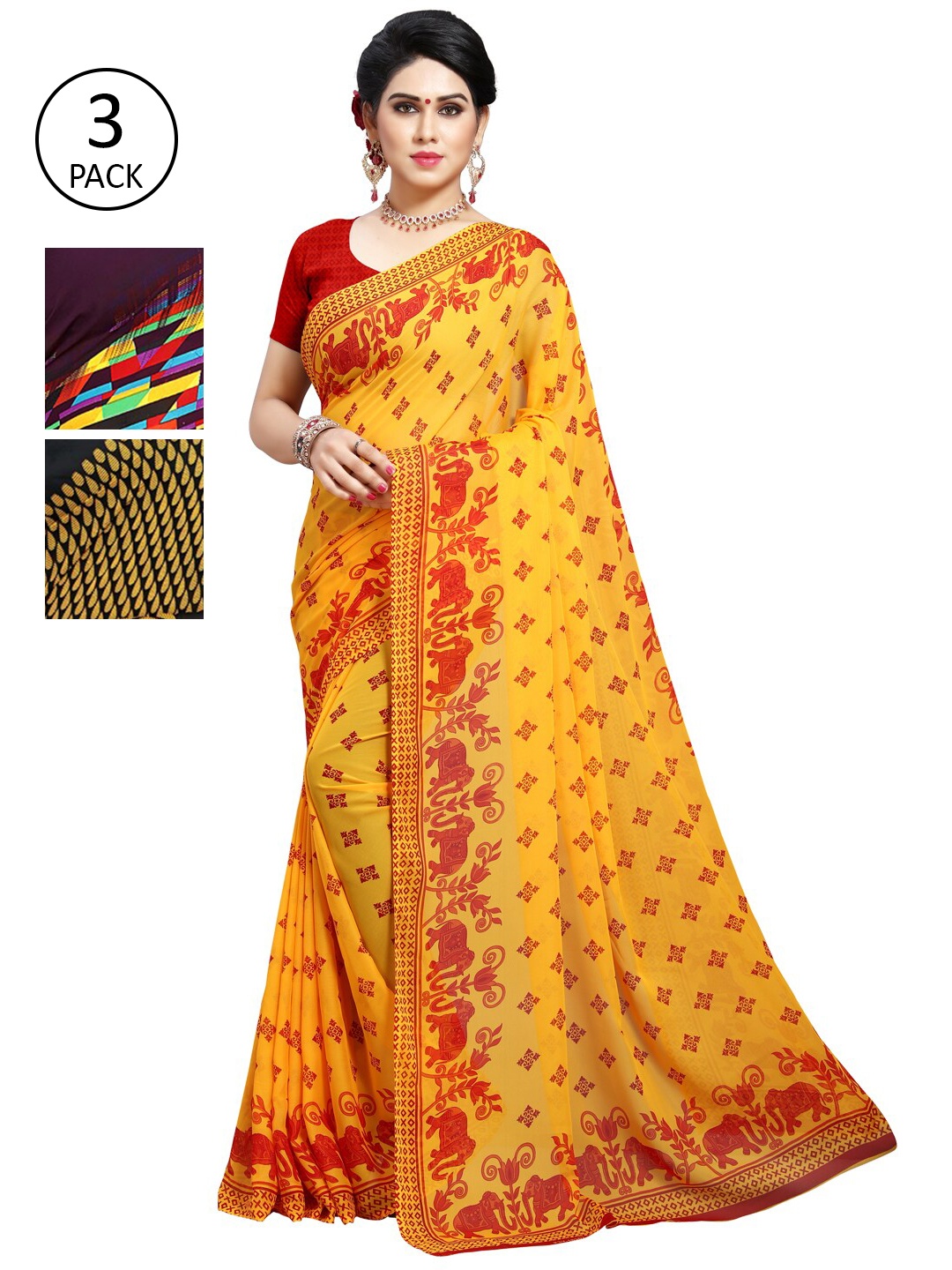 

KALINI Pack of 3 Printed Poly Georgette Saree, Yellow