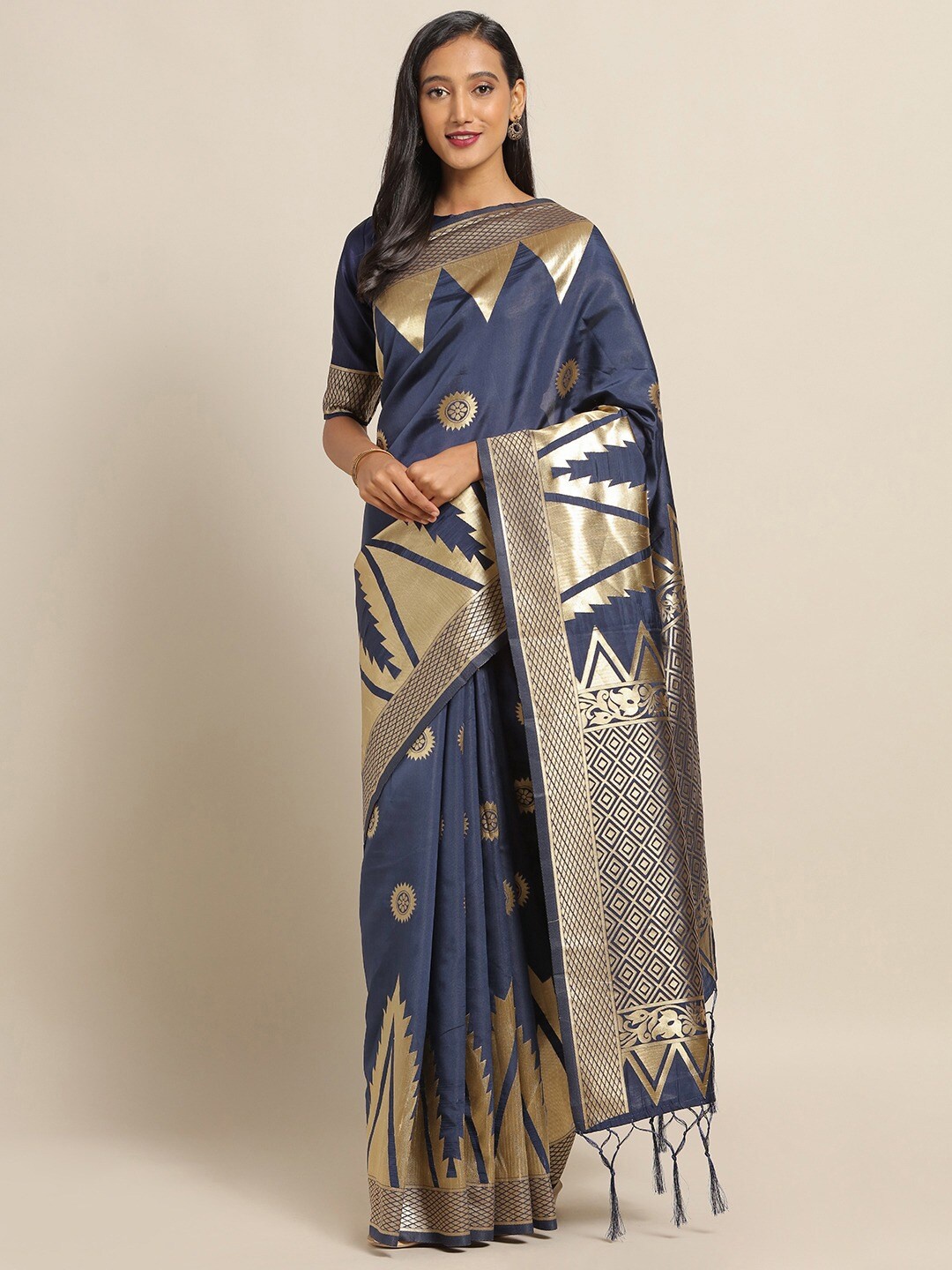 

Saree mall Navy Blue & Golden Silk Blend Sarees