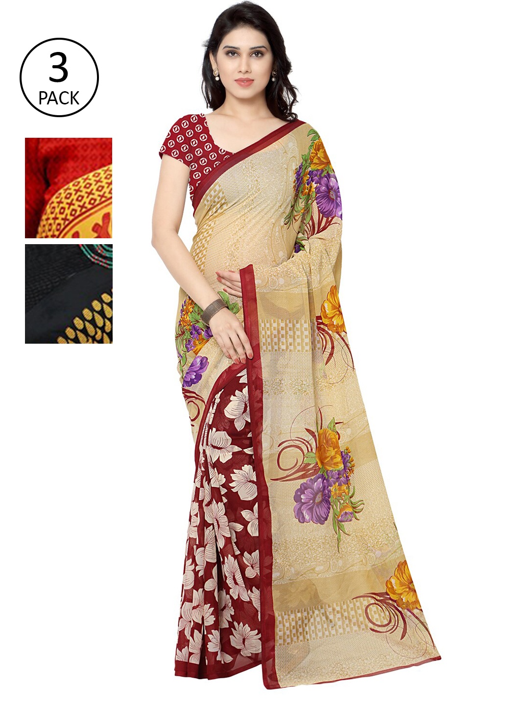 

KALINI Set of 3 Yellow & Beige Ethnic Motifs Saree