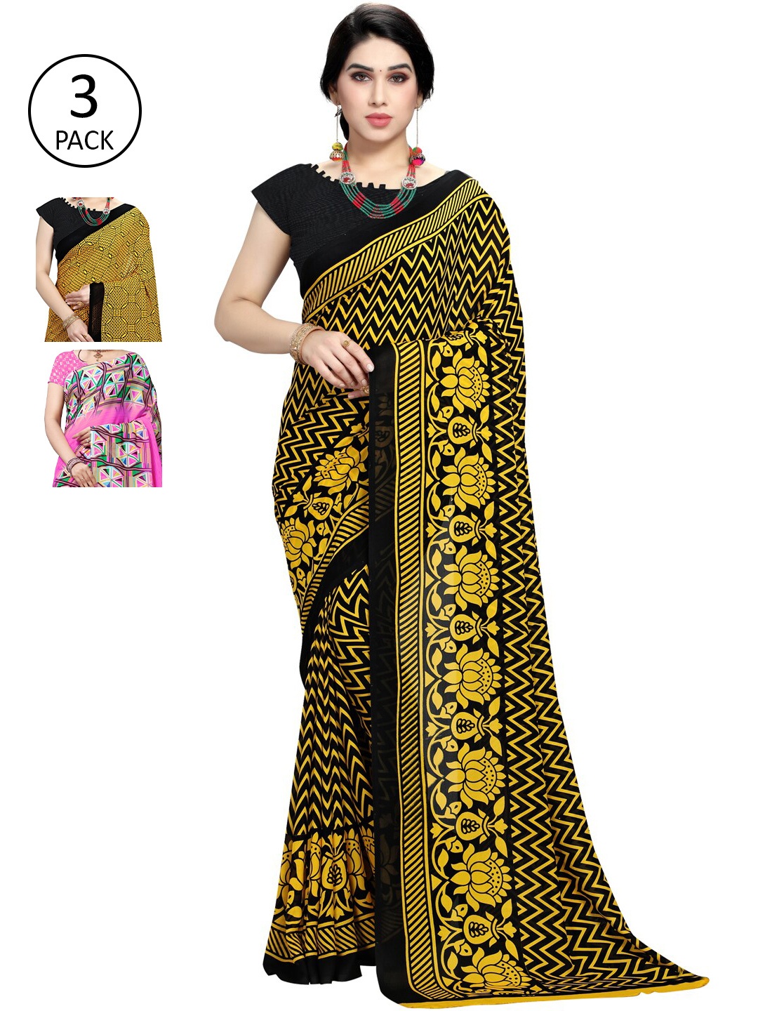 

KALINI Pack Of 3 Ethnic Motifs Sarees, Pink