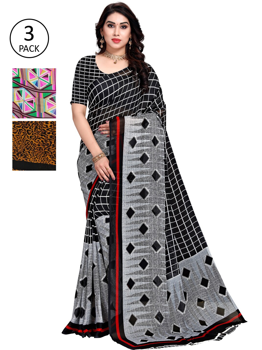 

KALINI Pack Of 3 Poly Georgette Printed Sarees, Pink