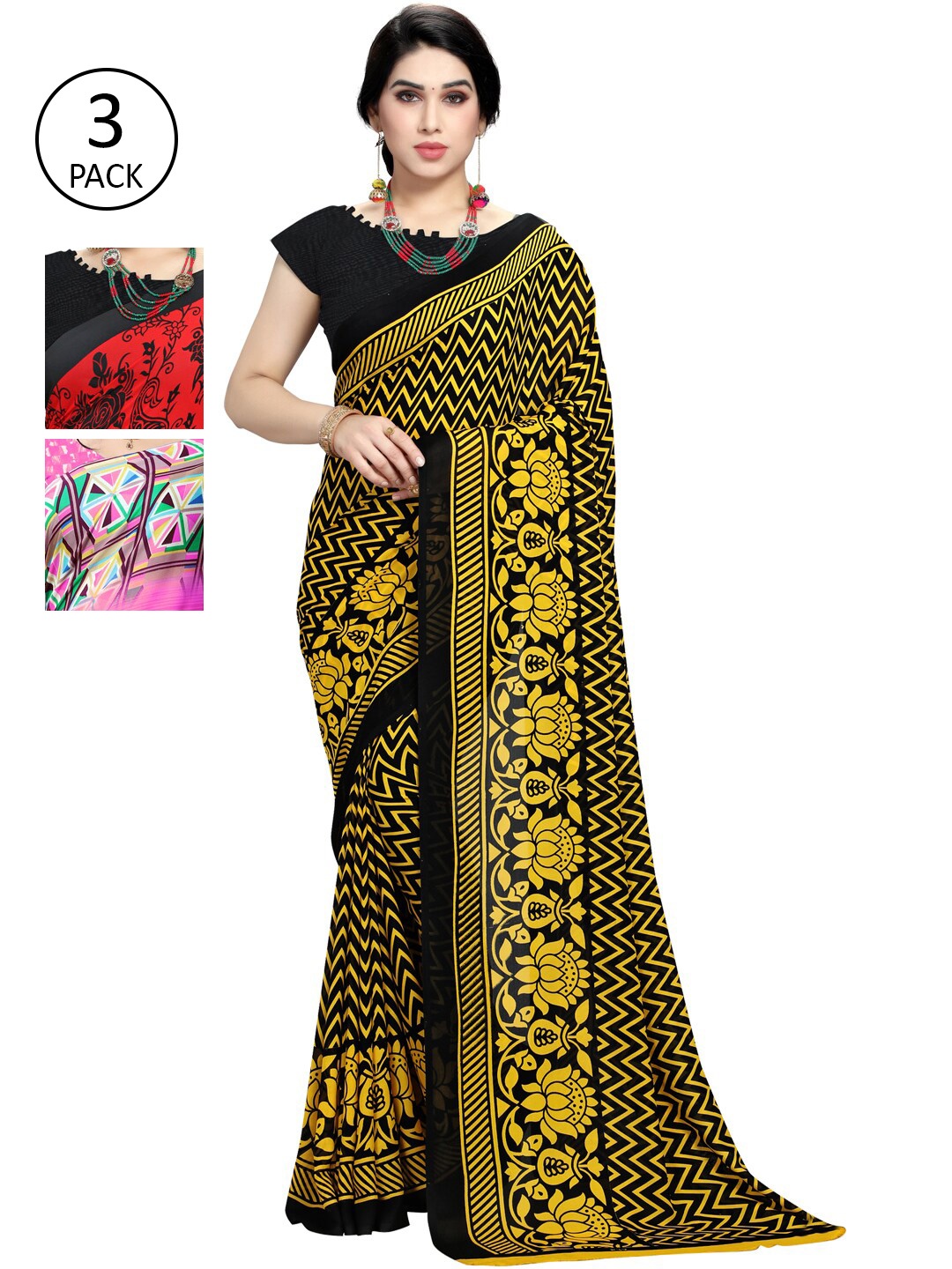 KALINI Pack Of 3 Pink & Yellow Saree