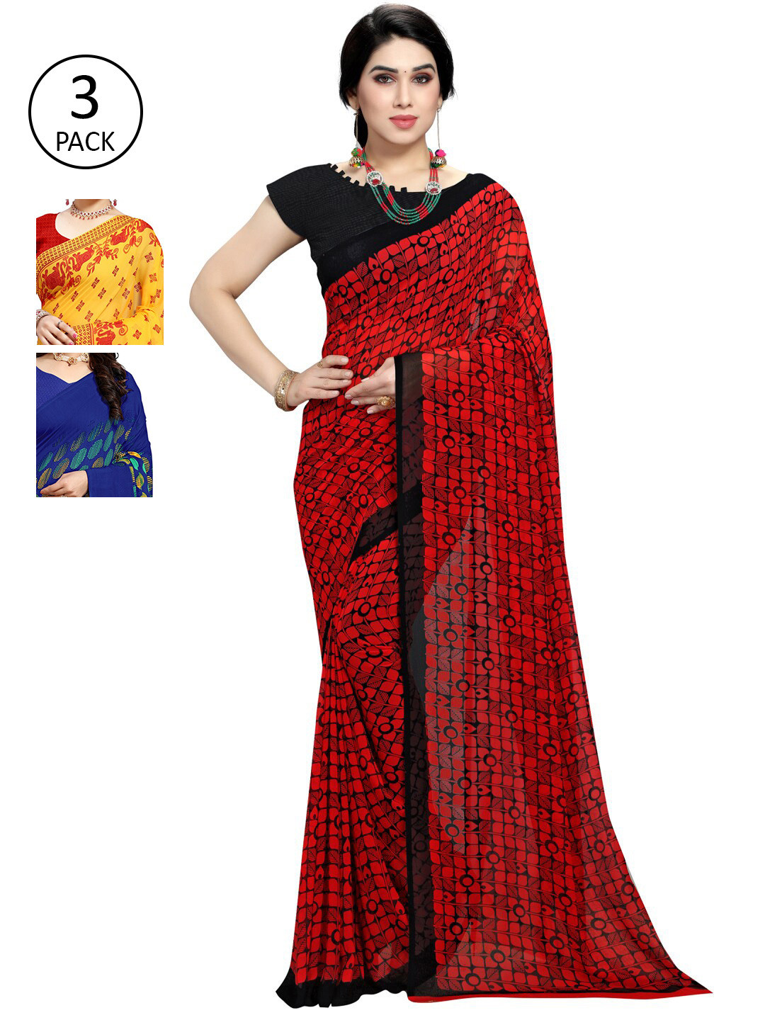 

KALINI Yellow & Blue Ethnic Motifs Pack of 3 Saree