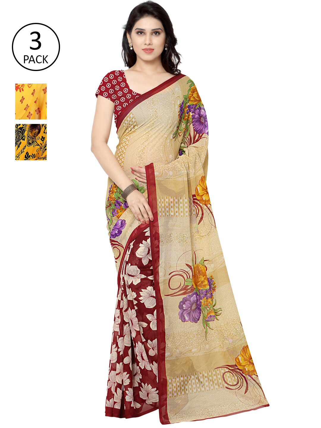 

KALINI Pack Of 3 Yellow & Red Floral Saree