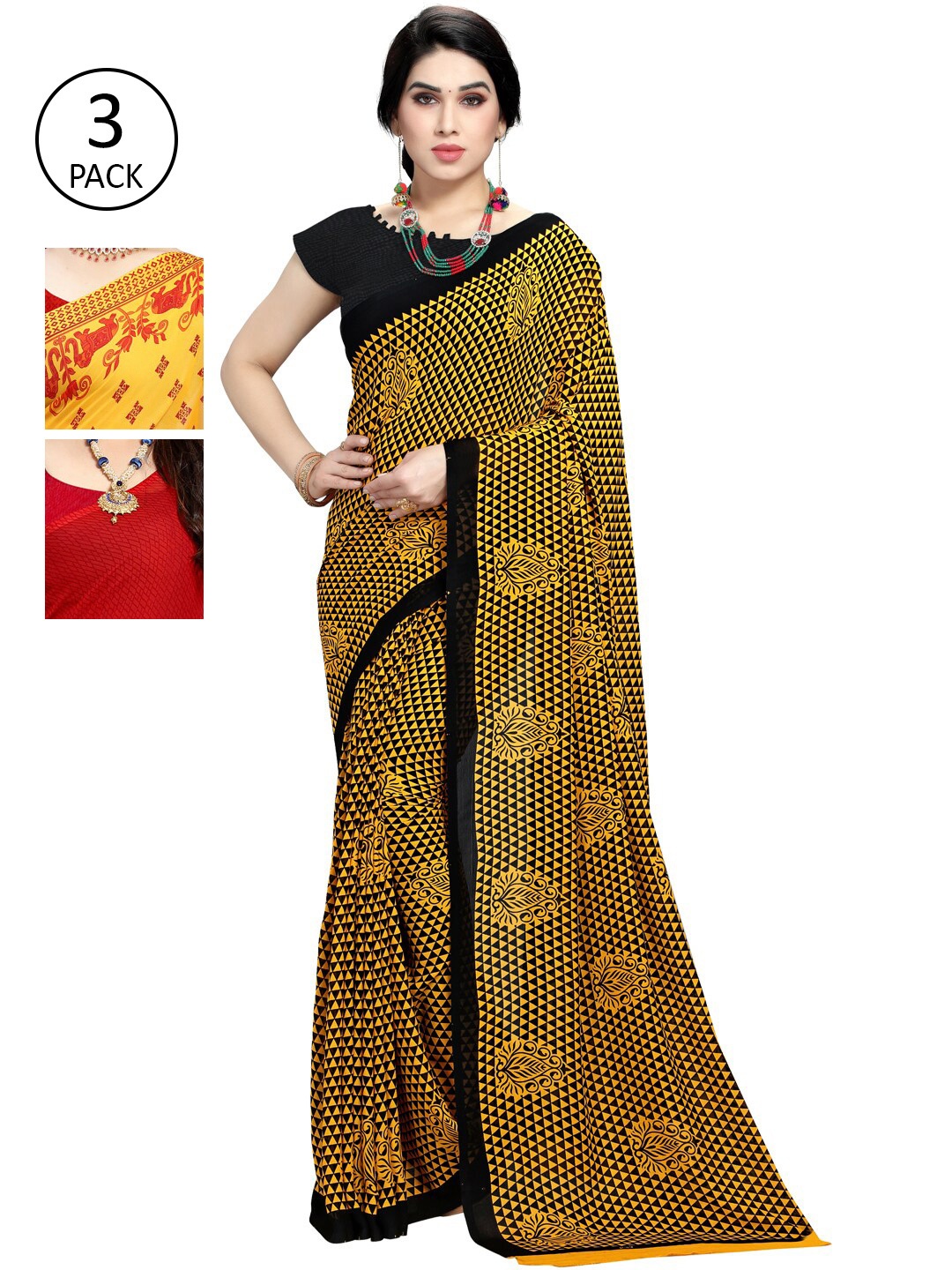 

KALINI Pack Of 3 Poly Georgette Printed Sarees, Red
