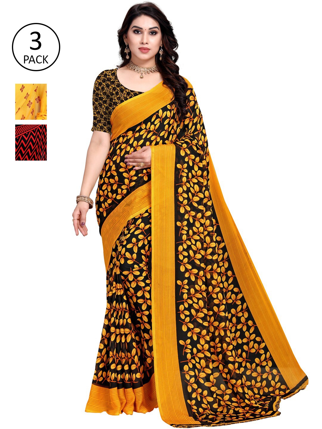 KALINI Pack Of 3 Printed Sarees, Red