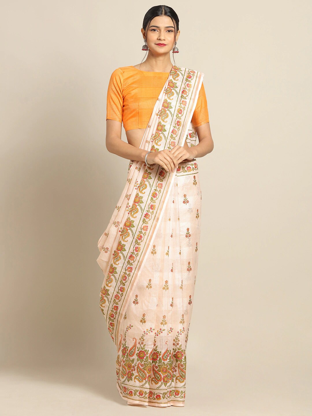 

Saree mall Off White & Yellow Floral Linen Blend Sarees