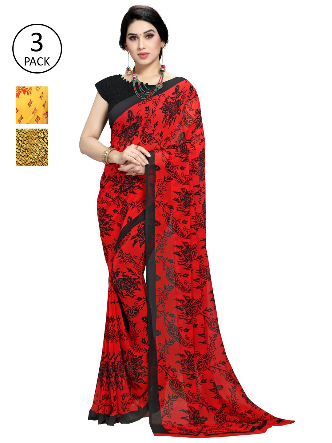 

KALINI Pack Of 3 Printed Sarees, Yellow