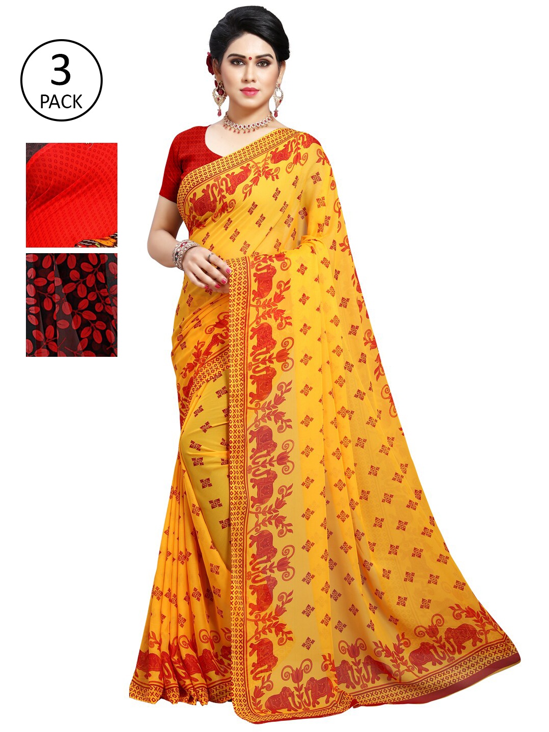 

KALINI Pack Of 3 Yellow & Red Saree