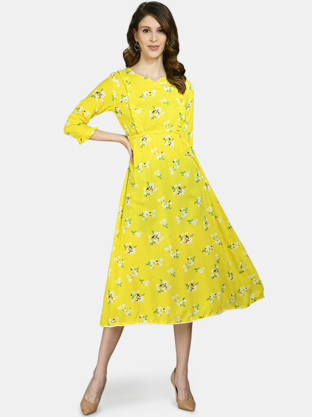 

Myshka Yellow & White Floral Printed Midi Fit & Flare Dress
