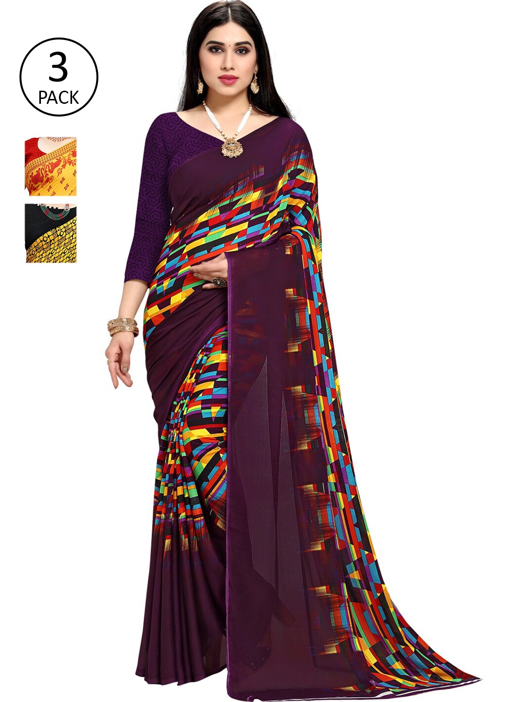 

KALINI Pack Of 3 Yellow & Purple Saree