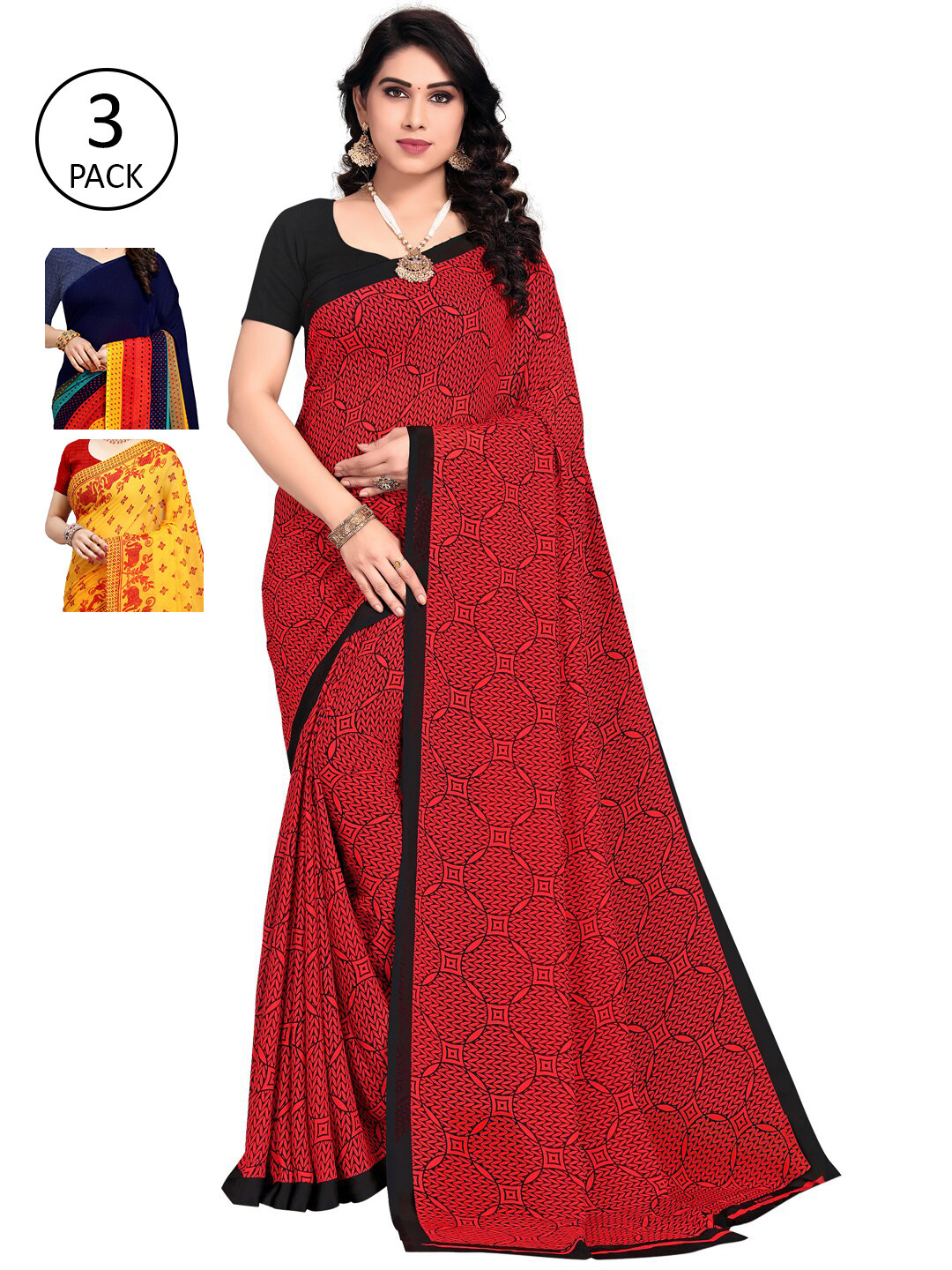 

KALINI Pack Of 3 Ethnic Motifs Sarees, Yellow