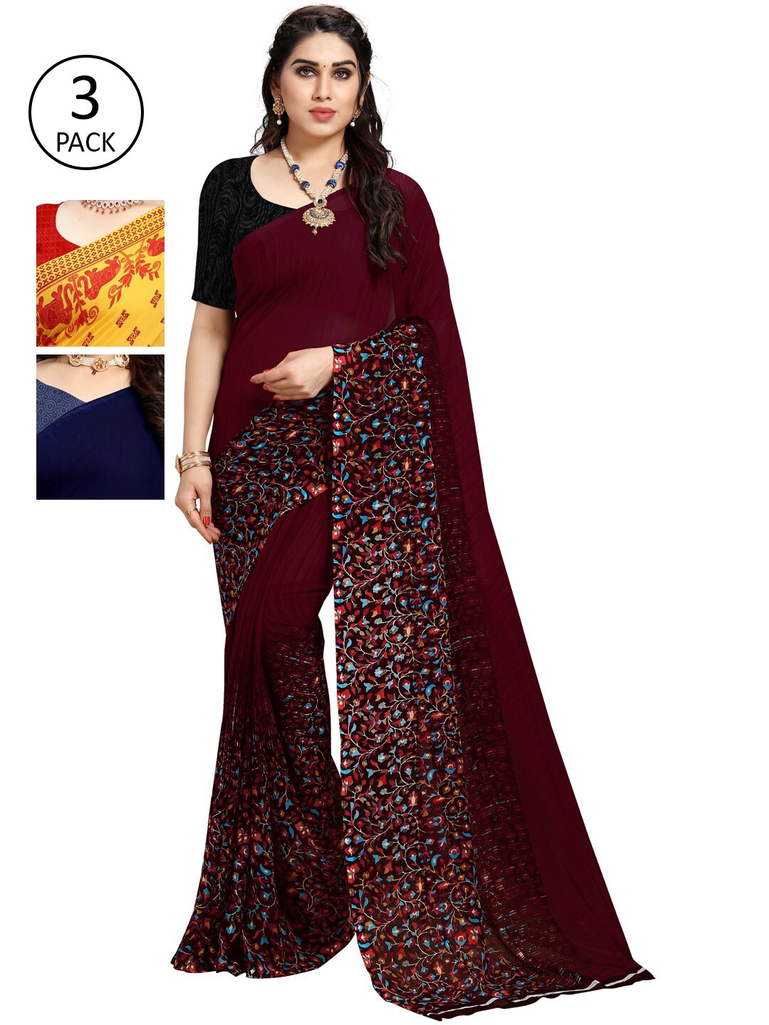 

KALINI Yellow & Navy Blue Ethnic Motifs Pack of 3 Saree