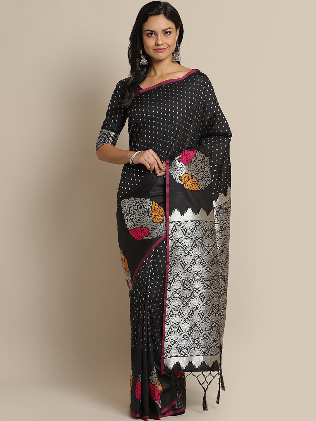 

Saree mall Black & Silver-Toned Silk Blend Sarees