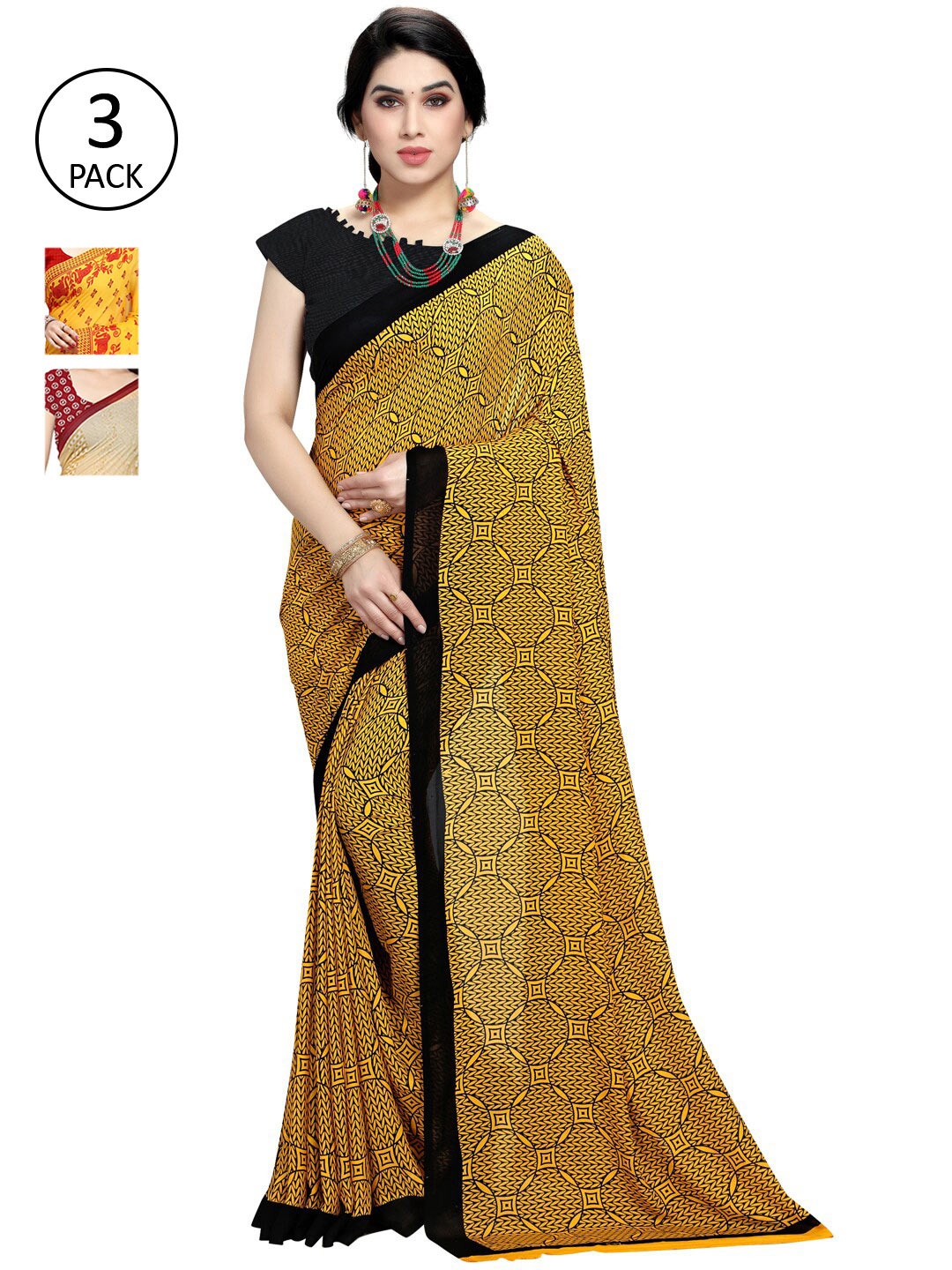 

KALINI Women Pack Of 3 Multi Printed Sarees, Yellow