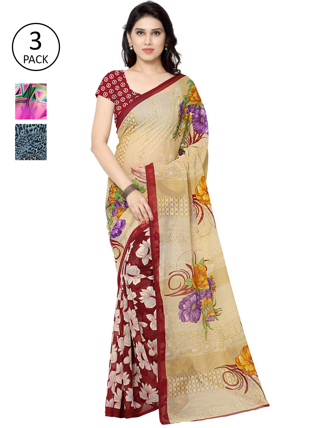 

KALINI Pack of 3 Printed Poly Georgette Saree, Multi