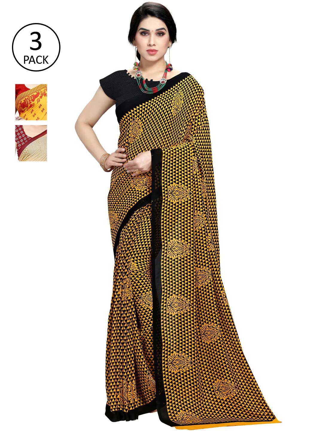 

KALINI Set of 3 Beige & Yellow Ethnic Motifs Sarees