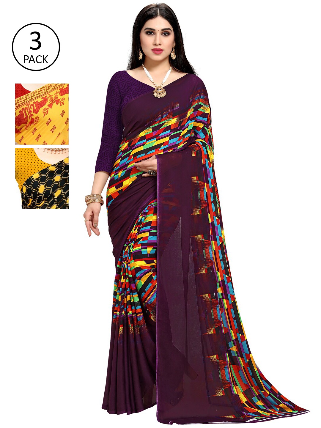 

KALINI Purple & Yellow Pack of 3 Saree