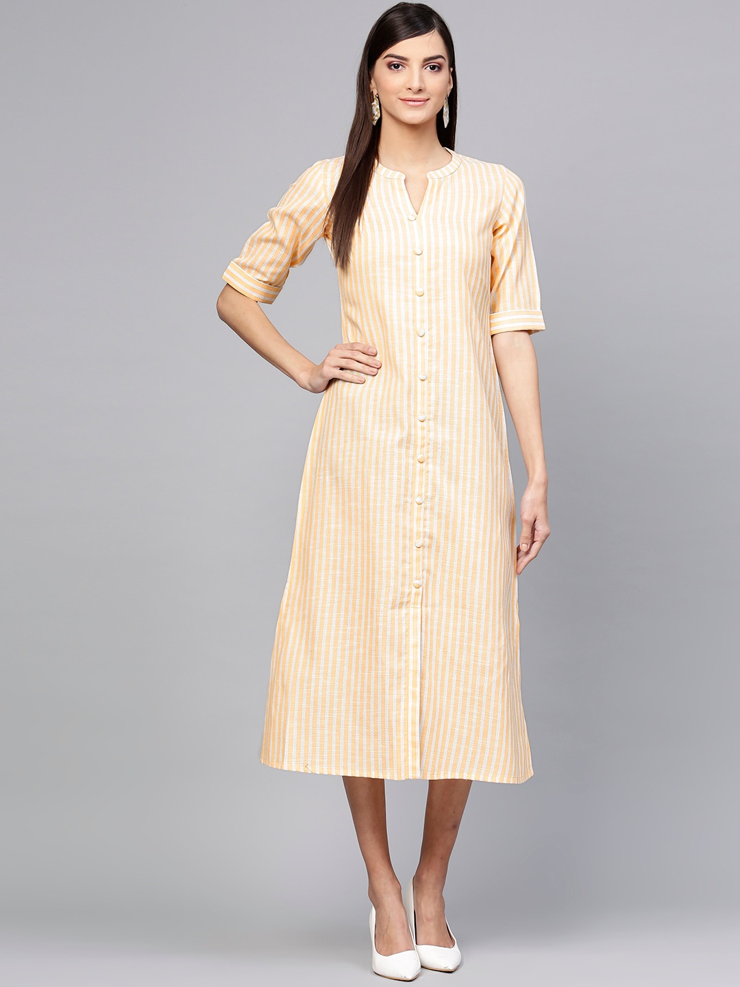 

GERUA White Striped A-Line Midi Dress
