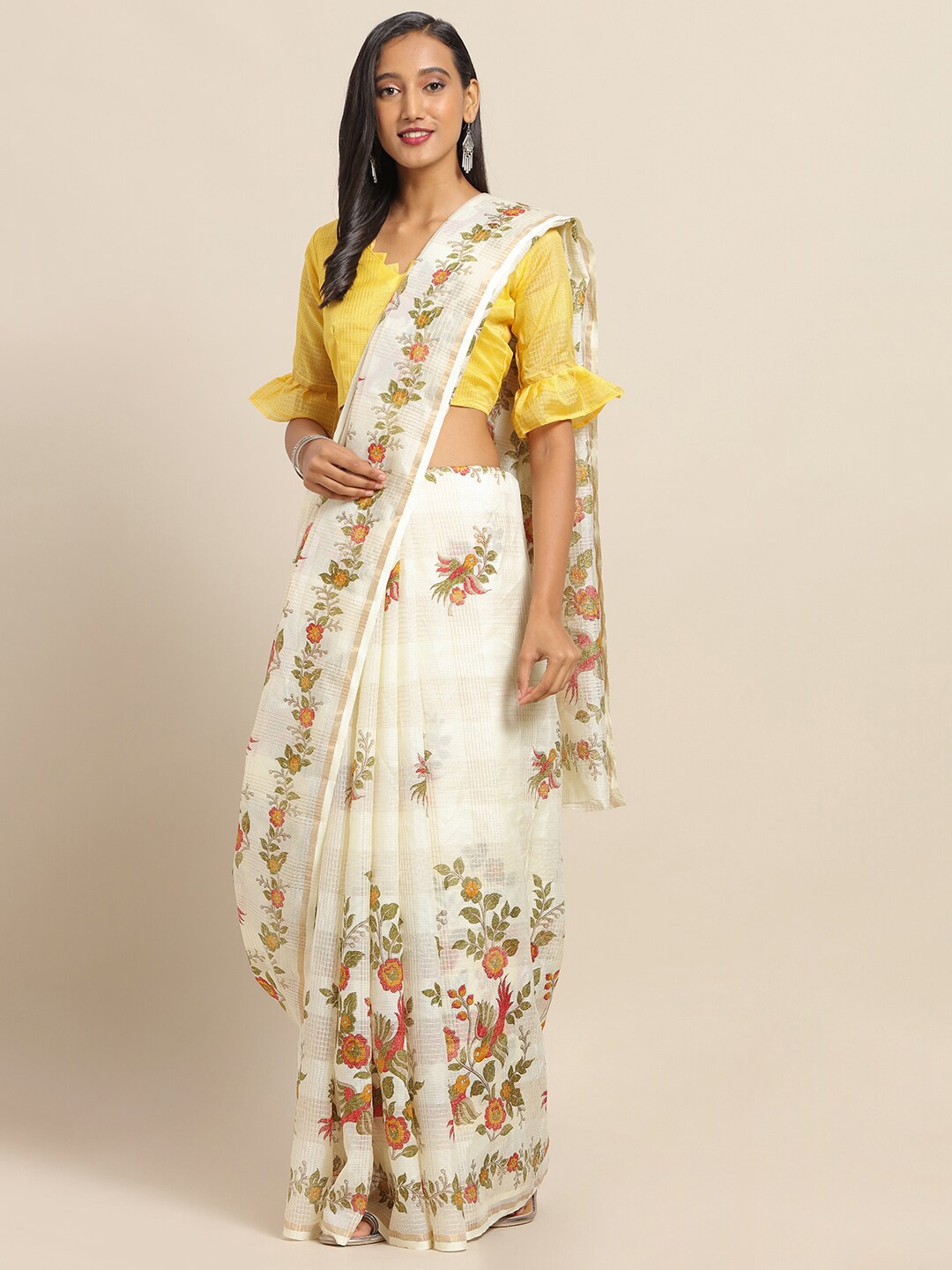 

Saree mall Cream & Green Floral Zari Linen Blend Sarees