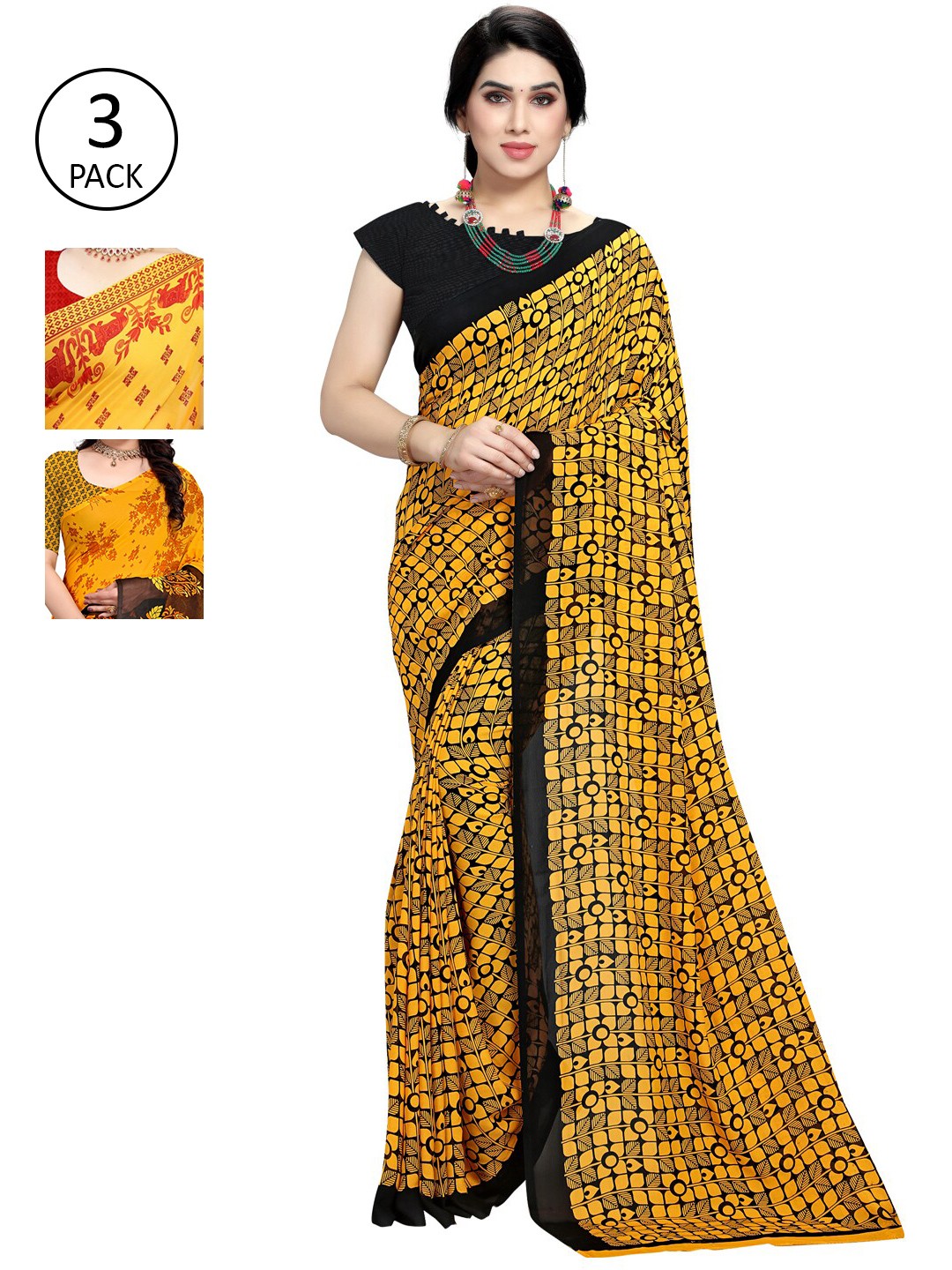 

KALINI Pink & Yellow Pack of 3 Saree