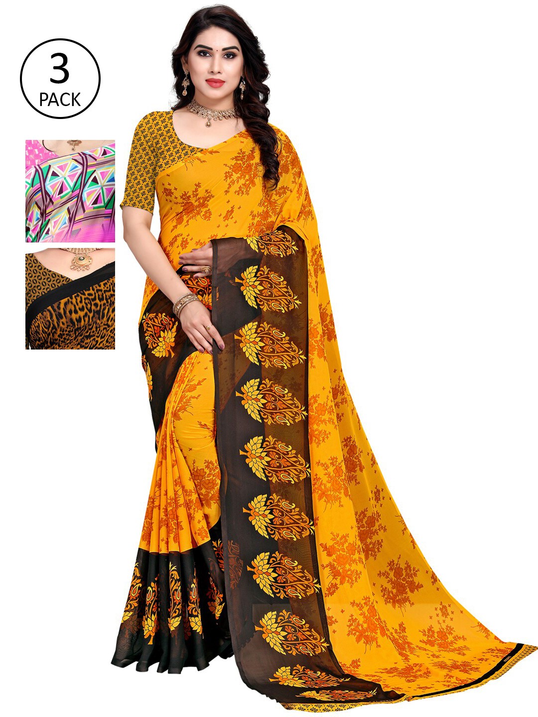 

KALINI Pack Of 3 Poly Georgette Printed Sarees, Yellow